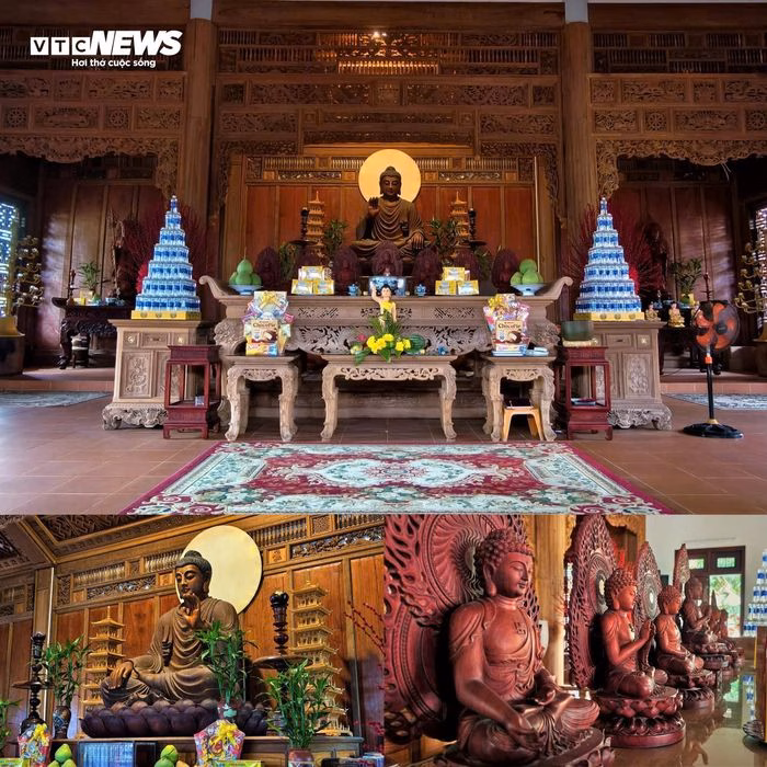 Không gian chánh điện trang nghiêm với các pho tượng Phật đầy lòng từ bi.