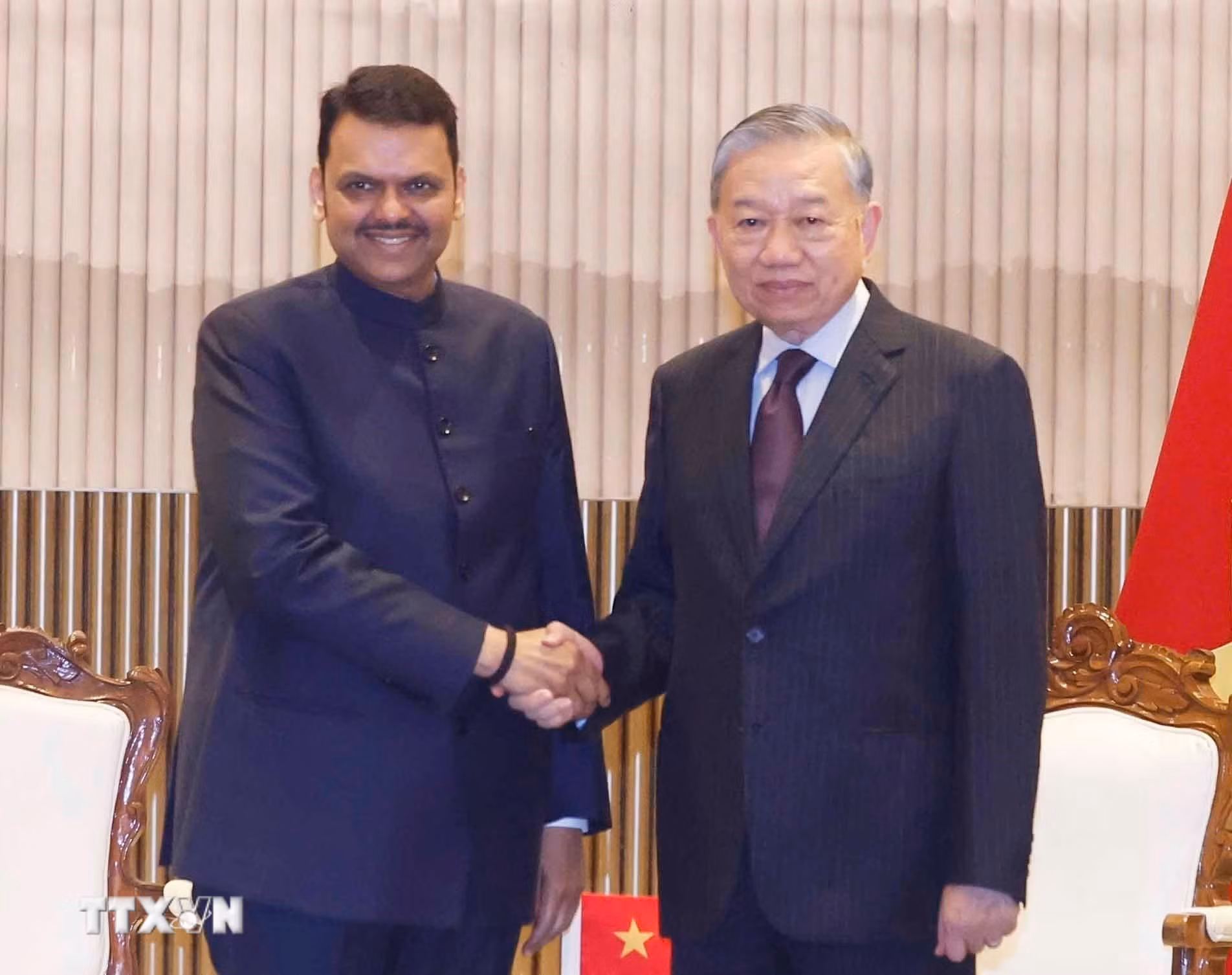 Tổng Bí thư, Chủ tịch nước Tô Lâm tiếp Thủ hiến bang Maharashtra Devendra Fadnavis. (Ảnh: Thống Nhất/TTXVN)