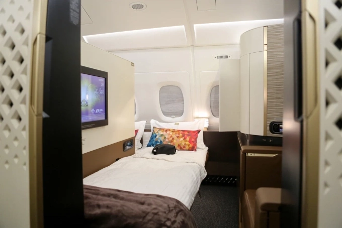 Khoang thương gia hiện đại của Etihad Airways tại Triển lãm Hàng không Dubai.